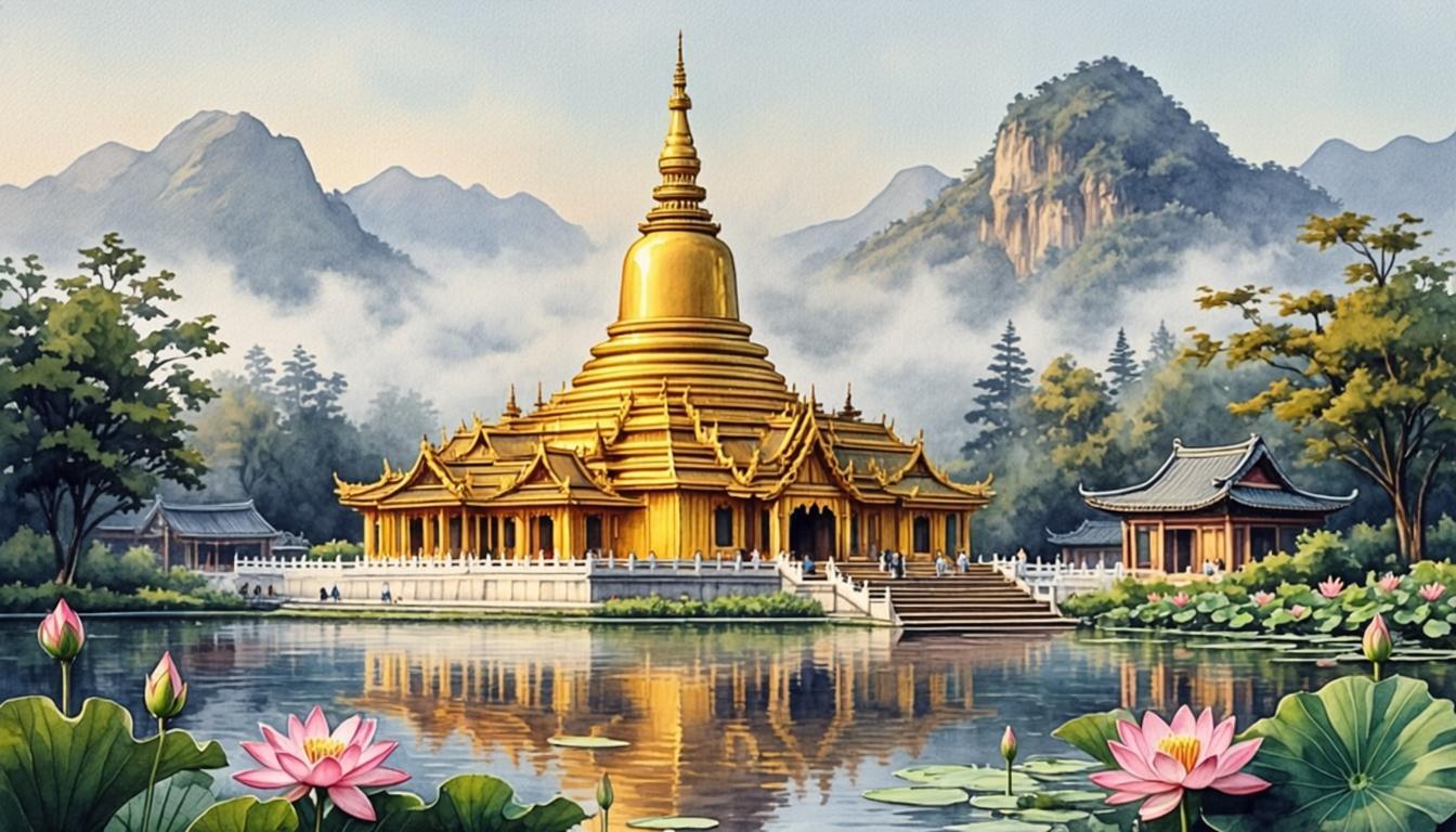 Serene Buddhist temple at sunrise